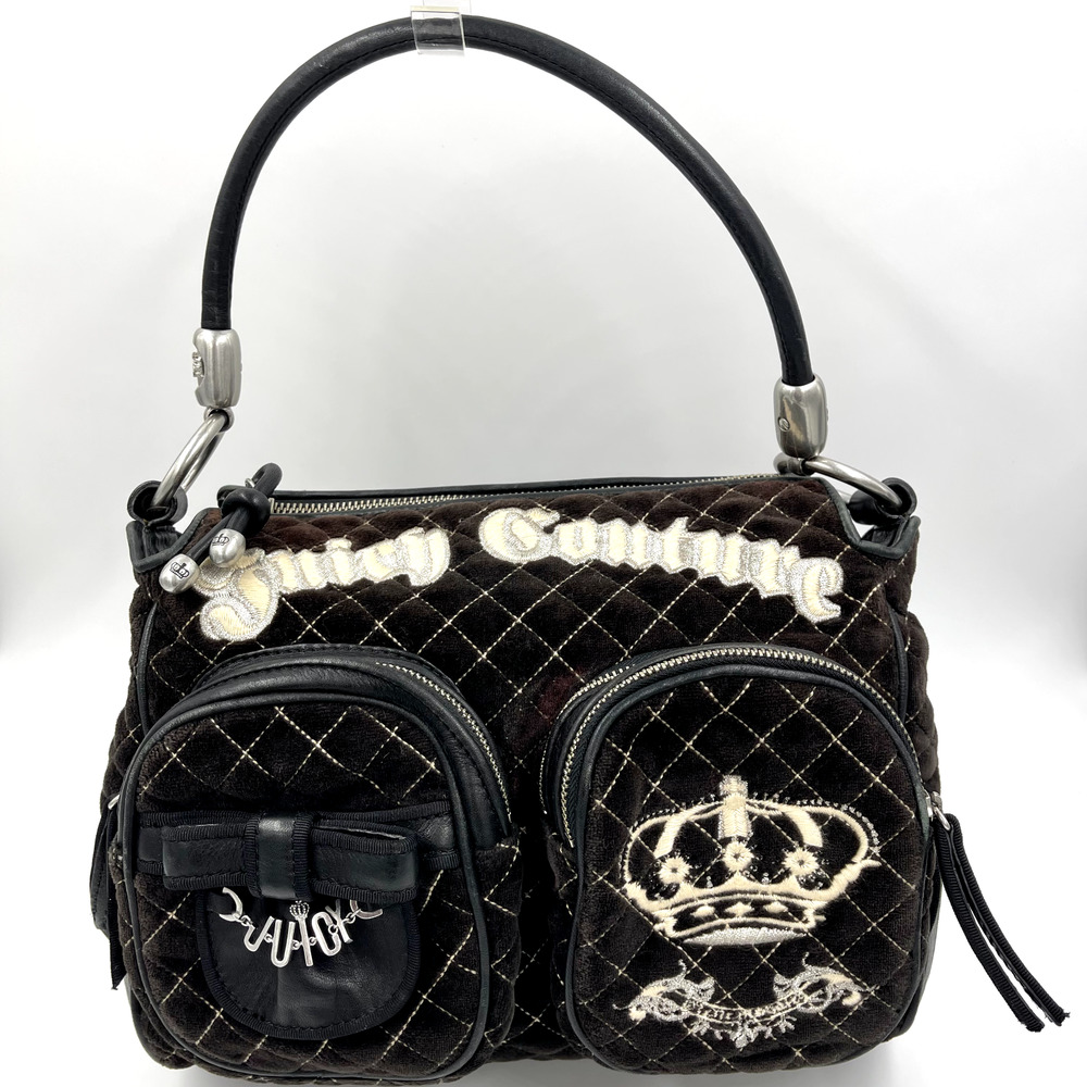 Juicy Couture Purse Brown Quilted Velour Embroidered Spellout Leather Handle Y2K